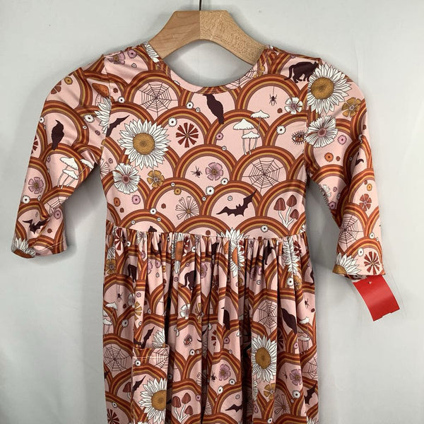 Size 7-8: Mila & Rose Pink/Orange Spooky Autumn Print Long Sleeve Dress