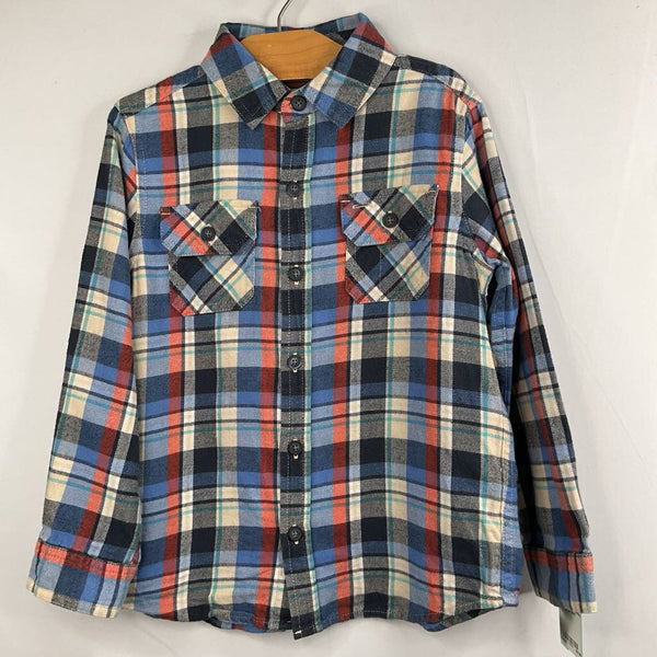 Size 6: Tea Blue/White/Orange Plaid Flannel Button-Up Shirt