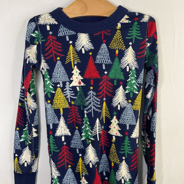 Size 6-7 (120): Hanna Andersson Navy/Colorful Trees Organic Cotton 2pc Holiday PJs