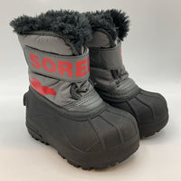 Size 6: Sorel Grey/Red Fleece Lined Velcro Snow Boots