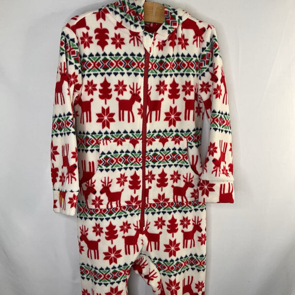 Size 6-7 (120): Hanna Andersson White/Red/Green Fair Isle Reindeer Fleece Holiday Hoodie PJs