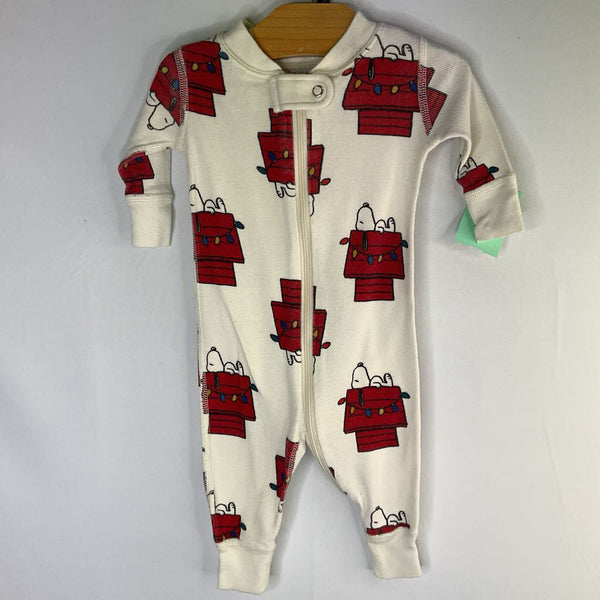 Size 0-3m (50): Hanna Andersson White/Red Snoopy's House Organic Cotton 1pc Zip-Up Holiday PJs