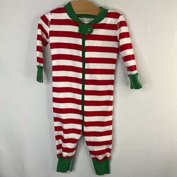 Size 3-6m (60): Hanna Andersson Red/White/Green Trim Striped Organic Cotton 1pc Zip-Up Holiday PJs