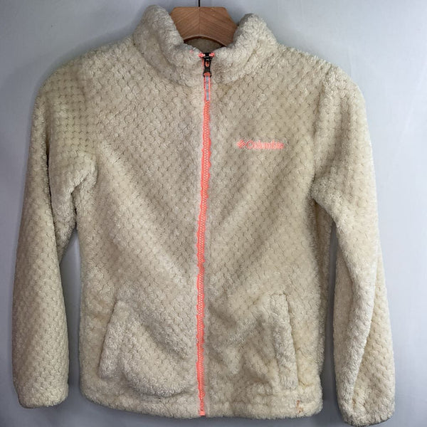 Size 10-12: Patagonia White/Orange Trim Textured Fleece Zip-Up Coat