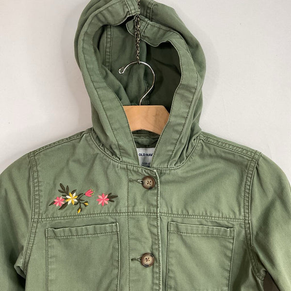 Size 10-12: Old Navy Green/Colorful Floral Trim Hooded Utility Jacket