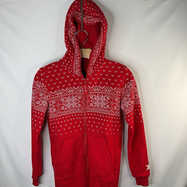 Size 10-11: Onepiece Red/White Fair Isle Hooded Zip-Up Romper REDUCED