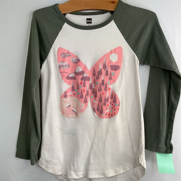 Size 5: Tea Green/White/Pink Woodland Butterfly Long Sleeve Shirt