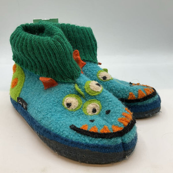 Size 10: Garnet Blue/Green Monster Wool Slippers