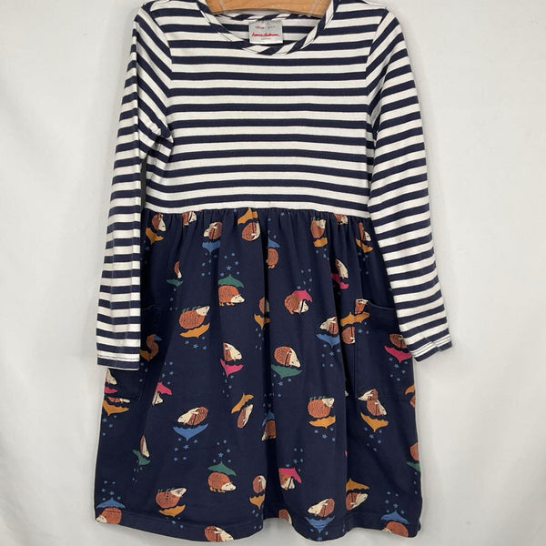 Size 6-7 (120): Hanna Andersson Navy/White/Colorful Rainy Day Hedgehogs Long Sleeve Dress REDUCED