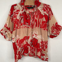 Size 6-7: Mini Rodini Tan/Red Elephants Woven Ruffle Sleeve Blouse