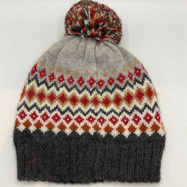 Size OS Youth: Grey/Red/Orange Diamonds Fleece Lined Pom Pom Beanie