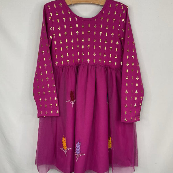 Size 6-7 (120): Hanna Andersson Purple/Gold/Colorful Wheat Applique Long Sleeve Dress