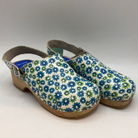 Size 12-12.5: Cape Clogs White/Blue/Green Floral Adjustable Clogs