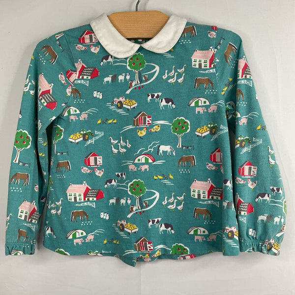 Size 2: Blue/Colorful Farm Animals Long Sleeve Collared Shirt