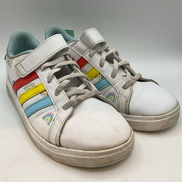 Size 5Y: Adidas White/Rainbow Print Velcro Strap Sneakers