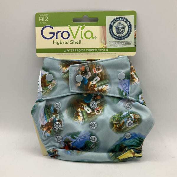 Size OS: Grovia Hybrid Shell Waterproof Adjustable Snap Diaper Cover: Blue/Smokey The Bear Print -NEW