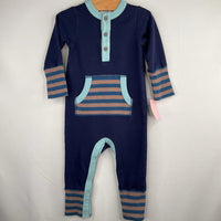 Size 3-6m: Boden Blue/Grey Striped Trim Snap-Up Romper