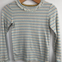 Size 9-10: Boden White/Blue/Gold Striped Eyelet Ruffle Trim Long Sleeve Shirt