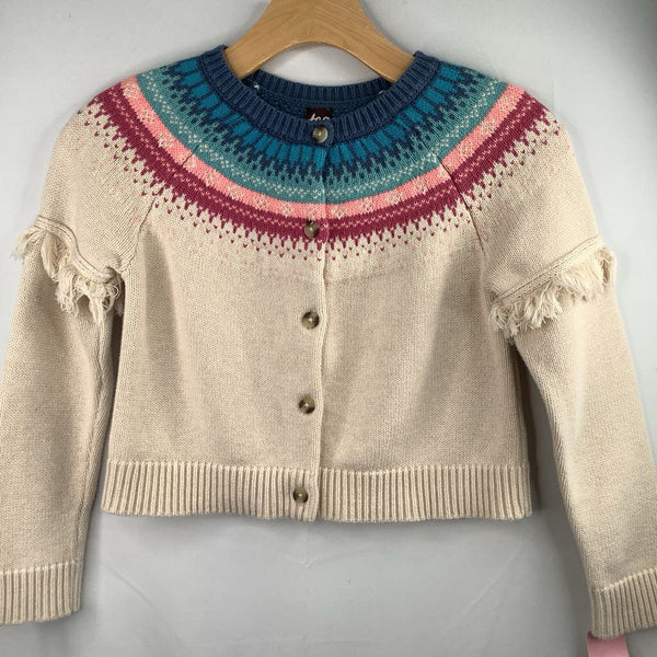 Size 8-10: Tea Beige/Colorful Fringe Trim Button-Up Cardigan