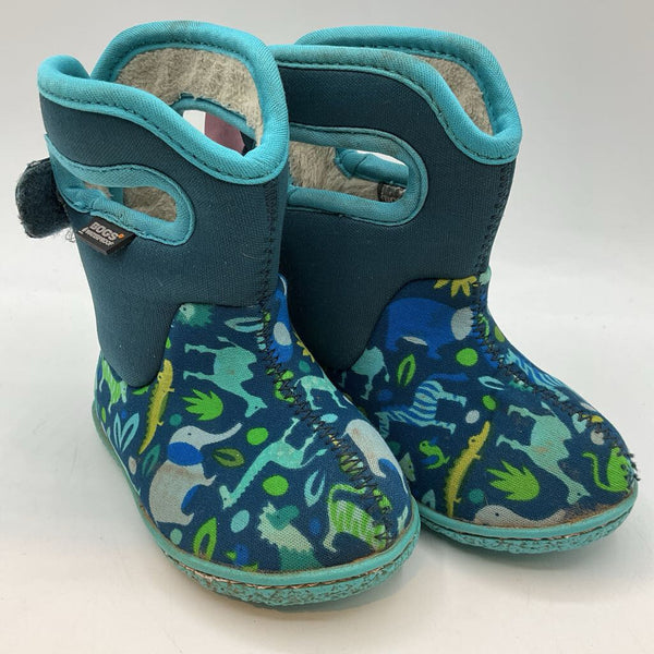 Size 4: Bogs Blue/Green Safari Animals Fleece Lined Velcro Strap Rain Boots