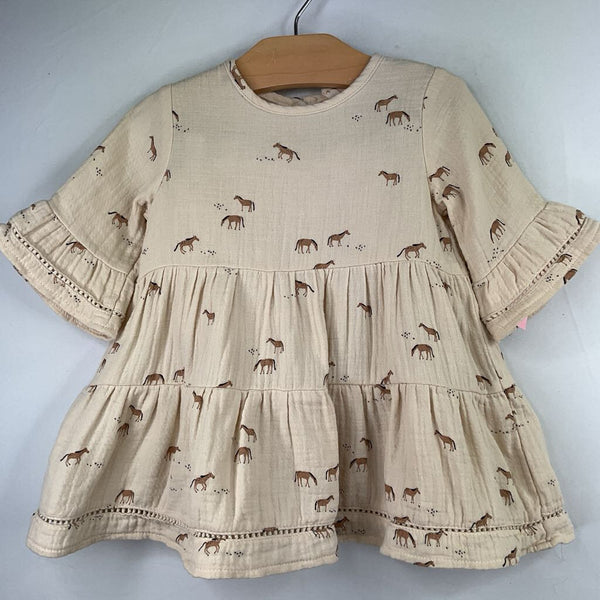 Size 6-12m: Quincy Mae Beige/Brown Horses Long Sleeve Dress/Bloomers