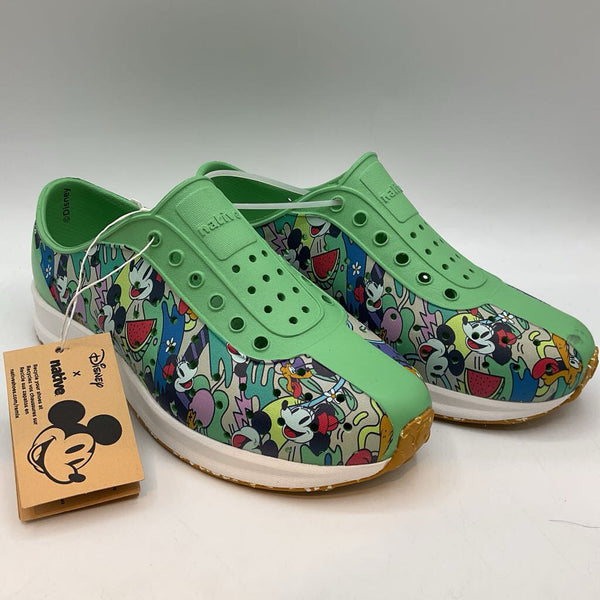 Size 1Y: Native Green/Colorful Mickey Print Perforated Slip-On Shoes NEW