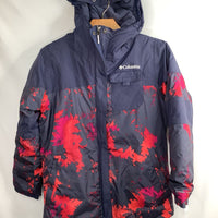 Size 10-12: Columbia Navy/Orange/Purple Print Omni Insulated Heat Coat