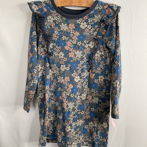 Size 5: Tea Navy/Pink/Grey Floral Ruffle Trim Long Sleeve Dress