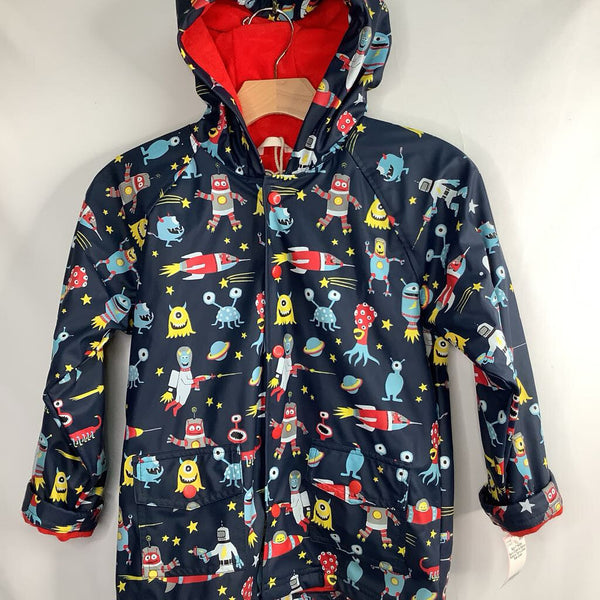 Size 7: Hatley Navy/Colorful Space Robots Terry Lined Rain Coat