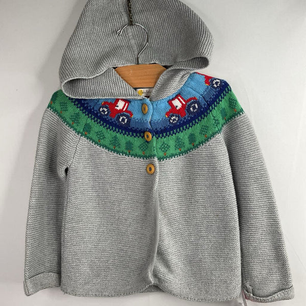 Size 3-4: Boden Grey/Colorful Tractors Hooded Button-Up Cardigan