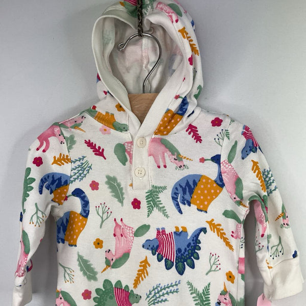 Size 3-6m: Old Navy White/Colorful Dinos/Unicorns Hooded Snap-Up Romper