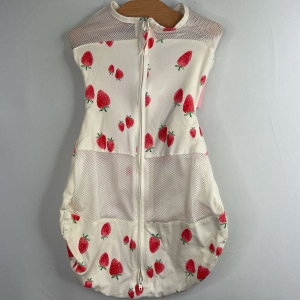 Size S: Happiest Baby White/Red Strawberries Sleepsack Swaddle Pod