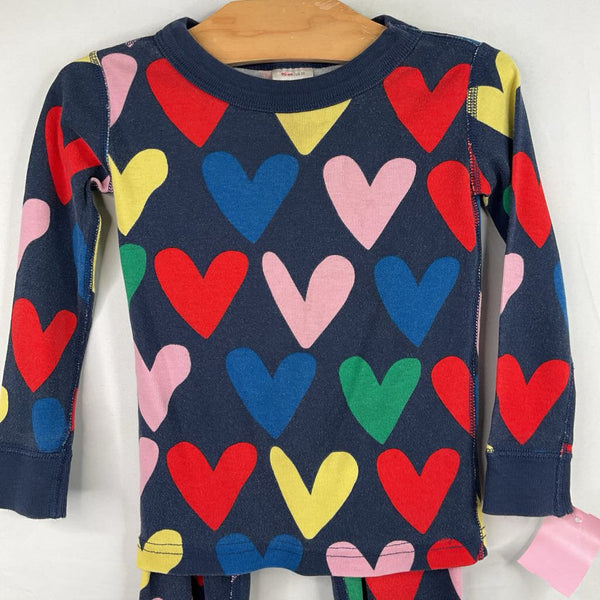 Size 3 (90): Hanna Andersson Navy/Rainbow Hearts Organic Cotton 2pc PJs