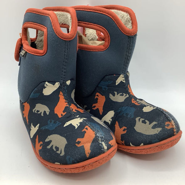 Size 10: Bogs Blue/Orange/White Bears Fleece Lined Velcro Strap Rain Boots