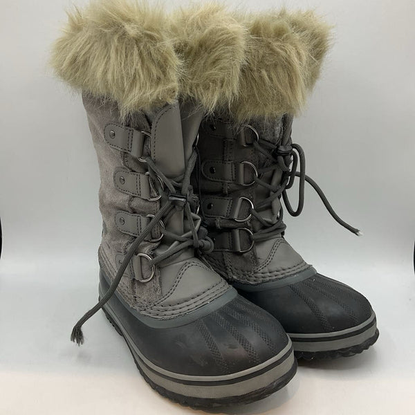 Size 2Y: Sorel Grey Faux Fur Toggle Strap Snow Boots