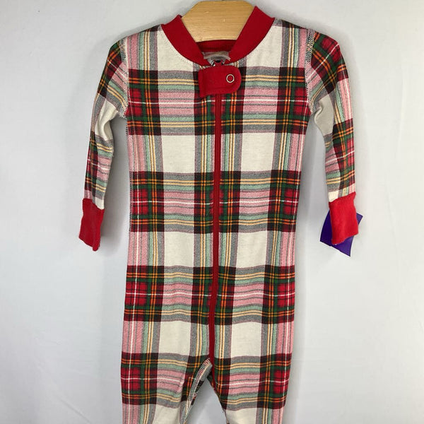 Size 6-12m (70): Hanna Andersson Green/White/Red Plaid Organic Cotton 1pc Zip-Up PJs