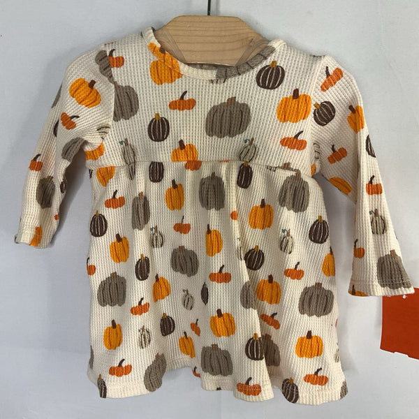Size 3-6m: Spearmint Love Cream/Orange/Brown Pumpkins Waffle Knit Long Sleeve Dress/Bloomers