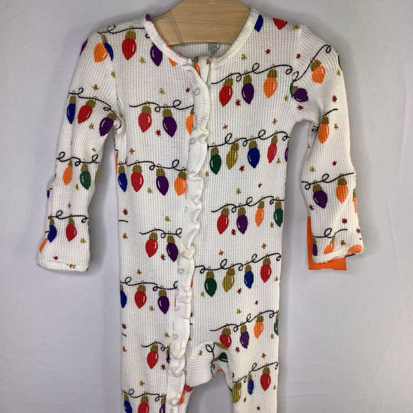 Size 6-9m: Spearmint Love White/Colorful Lights Waffle Texture Zip-Up Footy Holiday PJs