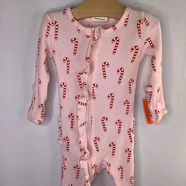 Size 6-9m: Spearmint Love Pink/Red/White Candy Canes Waffle Texture Zip-Up Footy Holiday PJs