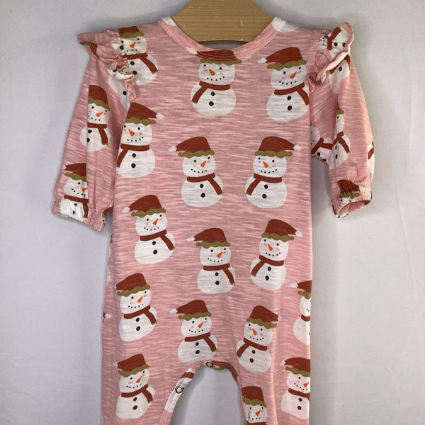 Size 3-6m: Siix Pink/White Snowmen Ruffle Trim Zip-Up Footy Romper