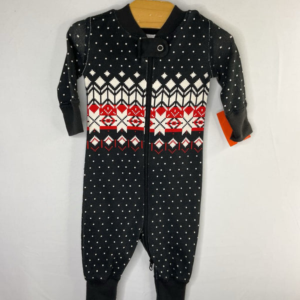 Size 0-3m (50): Hanna Andersson Black/White/Red Fair Isle Organic Cotton 1pc Zip-Up Holiday PJs
