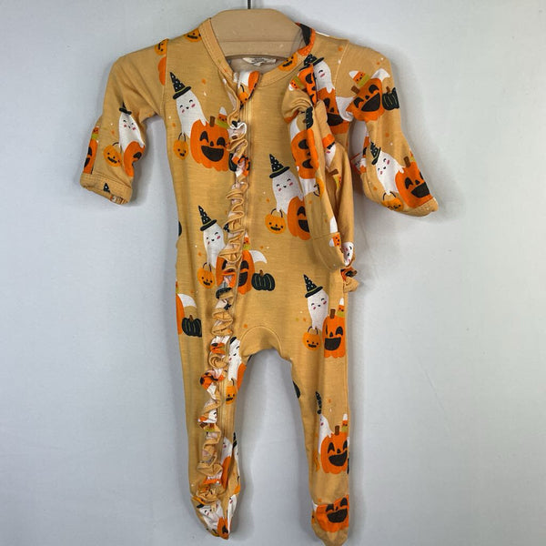 Size NB: Spearmint Love Orange/Colorful Spooky Print Bamboo 1pc Zip-Up Footy PJs/Hat