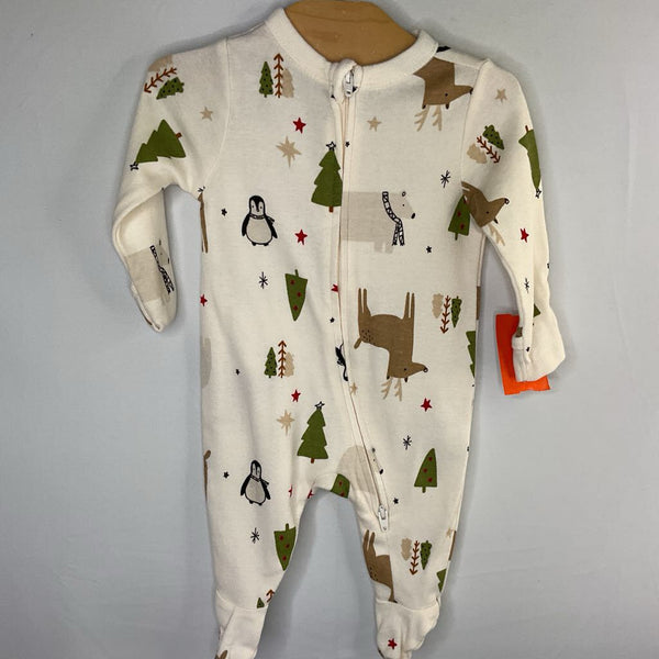 Size NB: Old Navy Cream/Colorful Winter Animals 1pc Zip-Up Holiday PJs