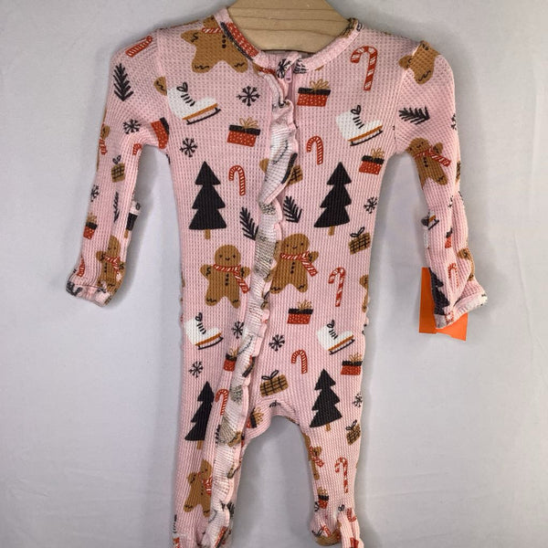 Size NB: Spearmint Love Pink/Colorful Gingerbread Men Waffle Knit 1pc Zip-Up Footy Holiday PJs/