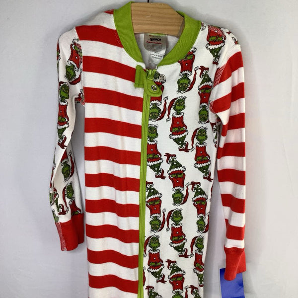 Size 3 (90): Hanna Andersson White/Red/Geen Stripes/Grinch Organic Cotton 1pc Zip-Up Holiday PJs