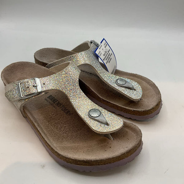 Size 2.5Y: Birkenstock Silver Holographic Adjustable Strap Sandals