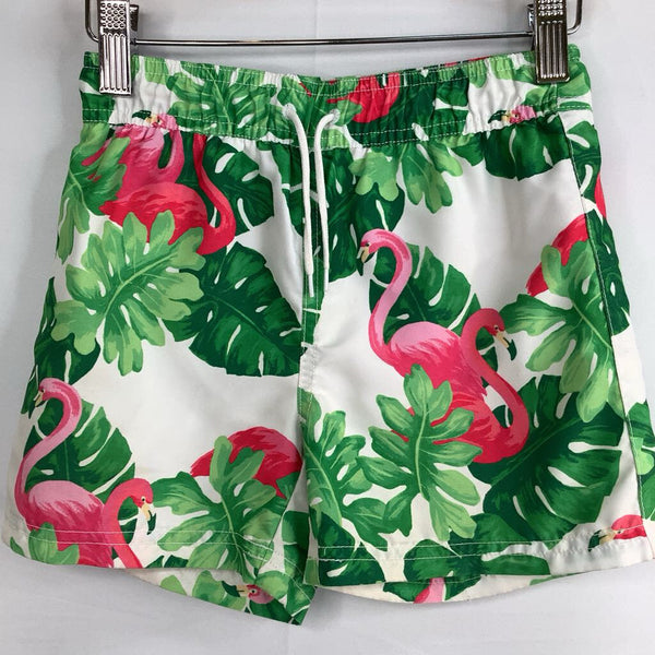 Size 5: Janie and Jack White/Green/Pink Leaves/Flamingos Swim Shorts