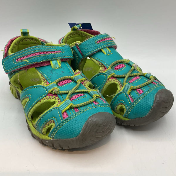 Size 11-12: Oaki Green/Blue/Pink Trim Velcro Strap Sandals