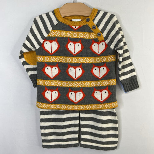 Size 6-12m (70): Hanna Andersson Grey/White/Yellow Stripes/Foxes 2pc Sweater/Pants Set