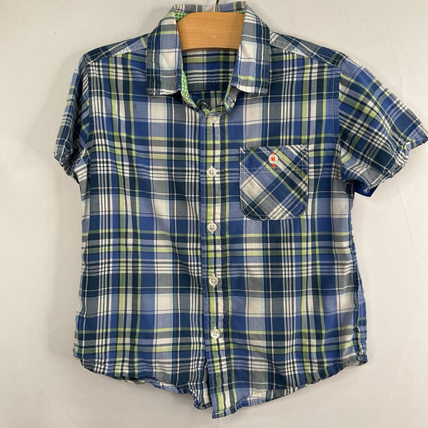 Size 5-6: Uniqlo Blue/White/Green Plaid Short Sleeve Button-Up Shirt